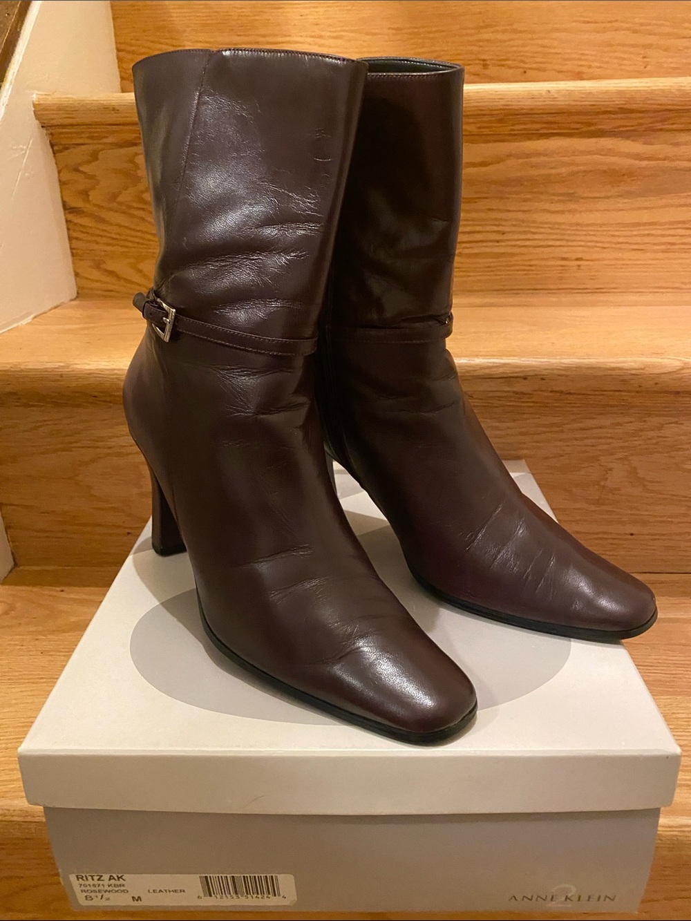 Anne Klein Dark Brown Leather Mid-Calf Heeled Boots